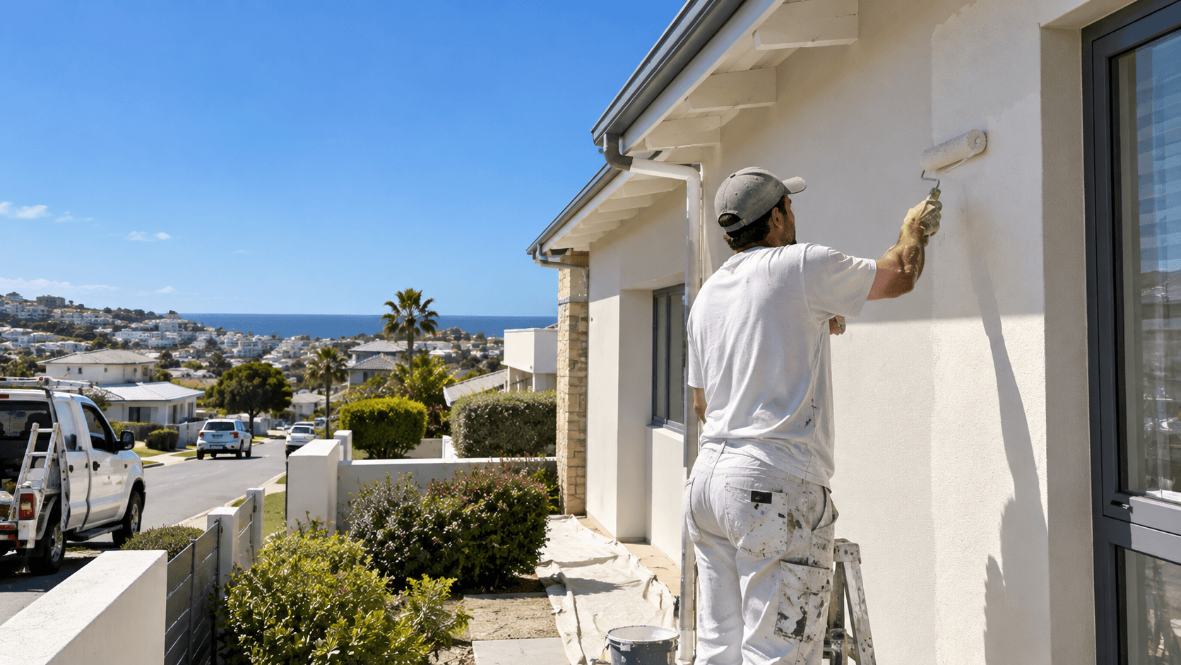 Painter refreshing the exterior wall of a holiday home with the Mossel Bay coastline in the background