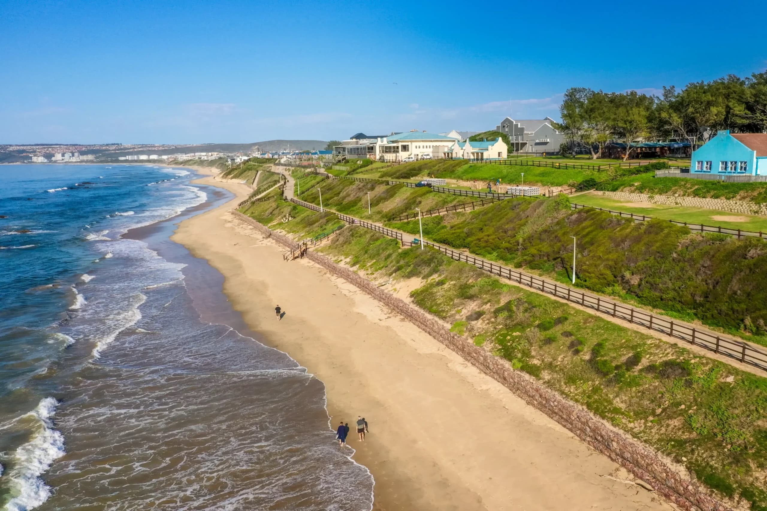 Aerial view of Hartenbos beach and the coastal walkway above the dunes